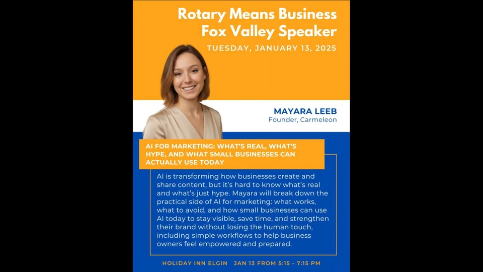 Rotary Means Business Fox Valley speaker graphic about practical AI for marketing